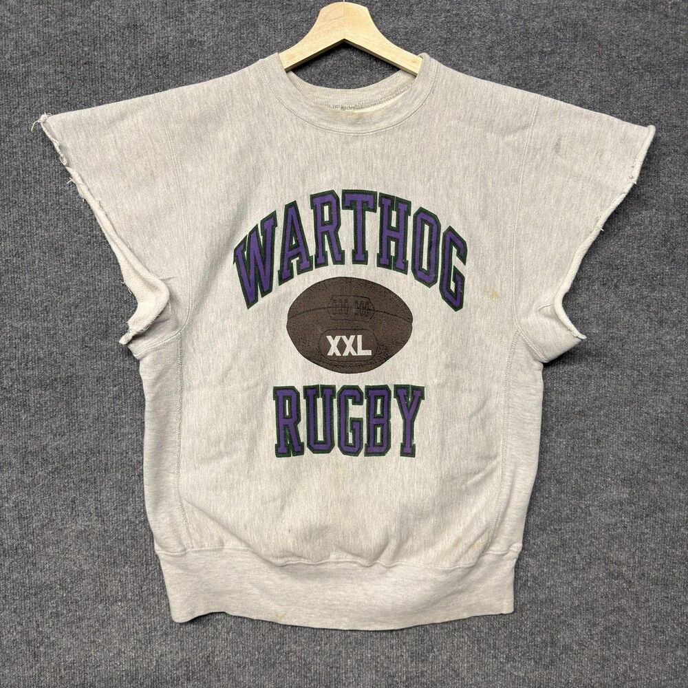 Vintage Champion Reverse Weave Warthog Rugby Crewneck L Sleeveless Cut Off Rare